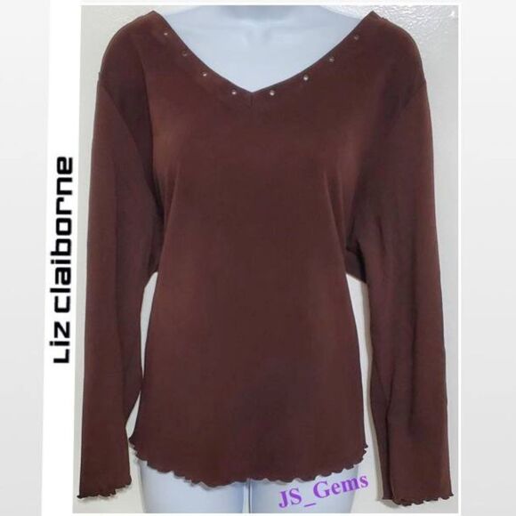 Vintage Brown Long Sleeve V-neck Top - Picture 1 of 16